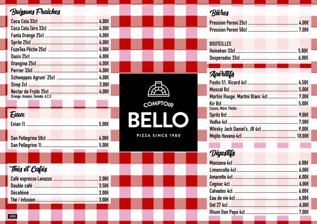 Set de table A3 du Comptoir Bello : carte des boissons sur fond vichy rouge, logo au centre