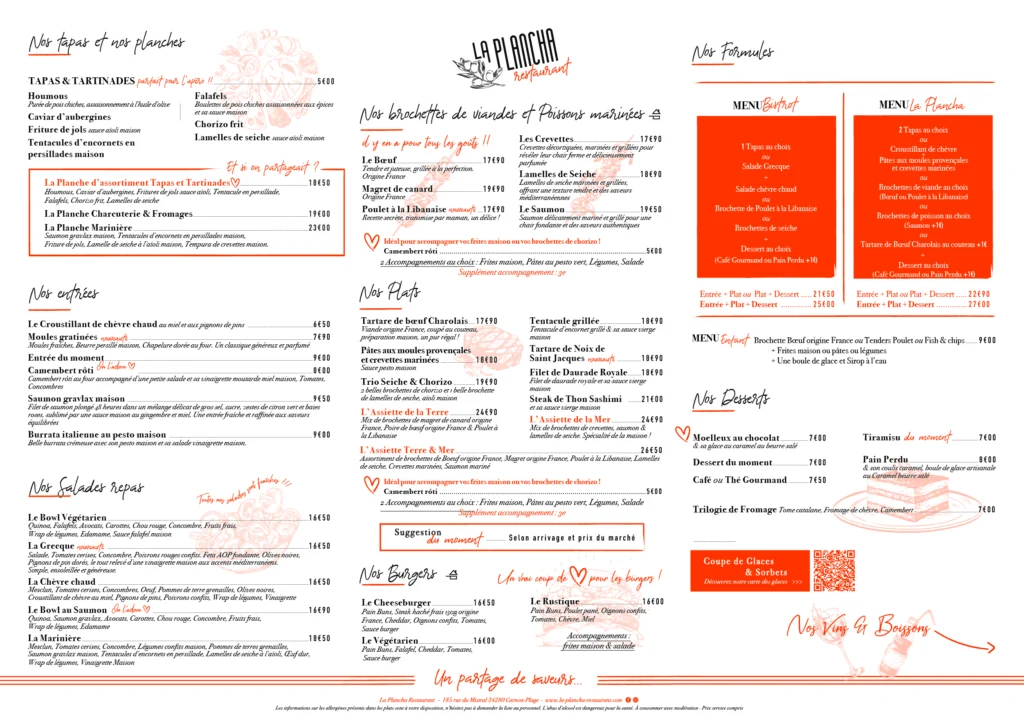 Set de table A3 du restaurant La Plancha : carte complète en noir et rouge corail, formules et QR code