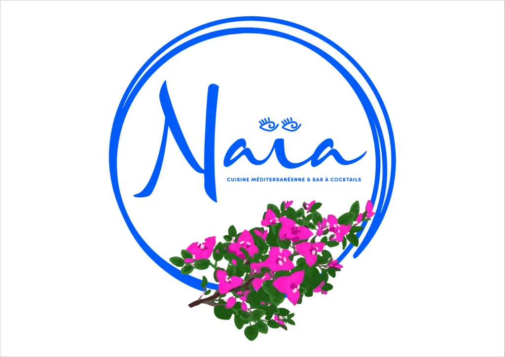 Set de table A3 du restaurant Naïa : logo bleu dans un cercle et branche de bougainvillier
