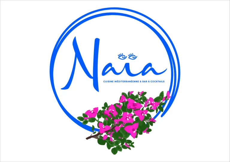 Set de table A3 du restaurant Naïa : logo bleu dans un cercle et branche de bougainvillier