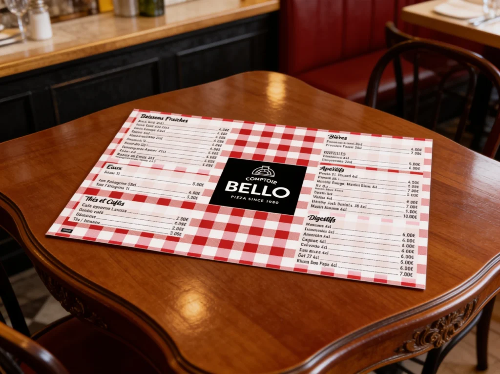 Set de table A3 du Comptoir Bello posé sur une table de bistrot, fond vichy rouge et carte des boissons