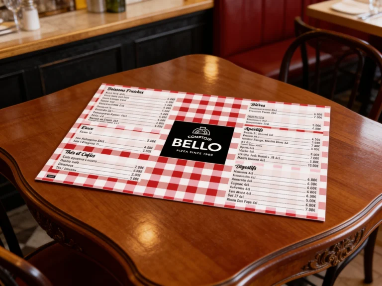 Set de table A3 du Comptoir Bello posé sur une table de bistrot, fond vichy rouge et carte des boissons