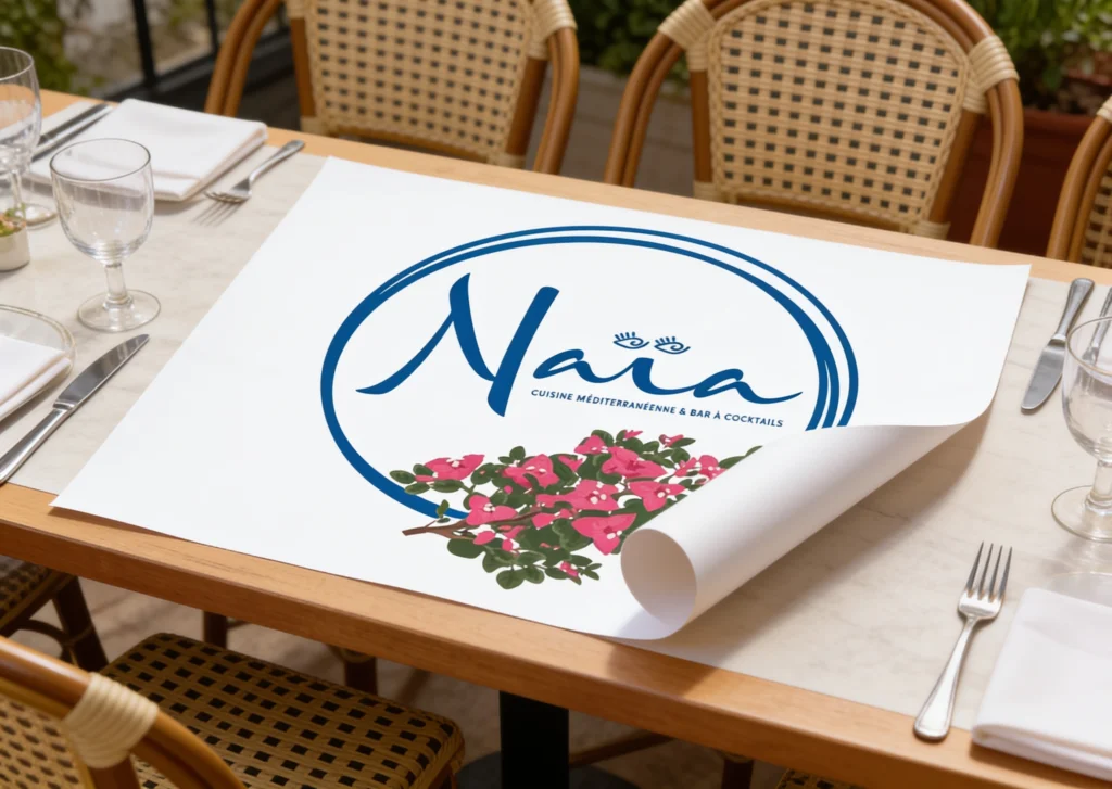 Set de table A3 du restaurant Naïa posé sur une table en terrasse, logo bleu et bougainvillier