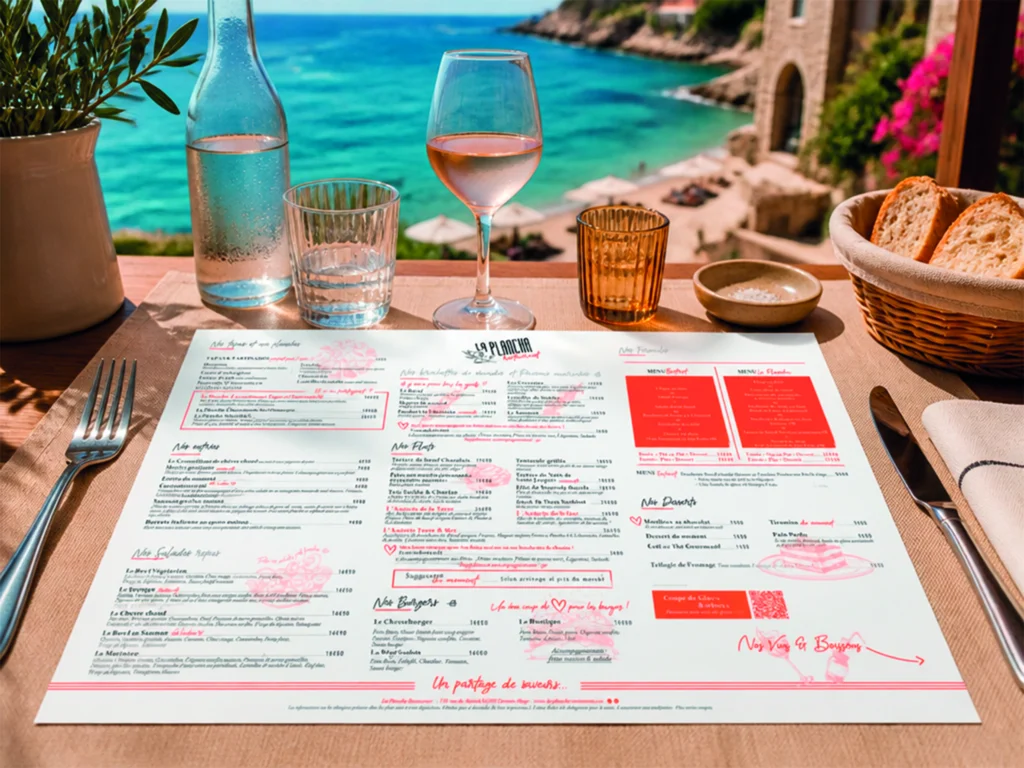 Set de table A3 du restaurant La Plancha posé sur une table en terrasse face à la mer